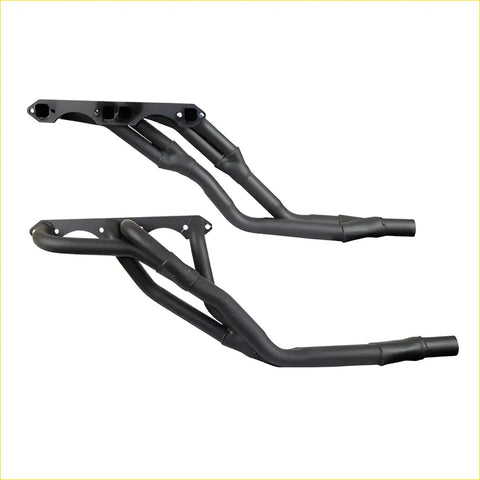 Black aftermarket performance exhaust manifolds with sleek curved design and polished metal for holden hz-wb chev v8