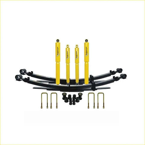 Yellow and black dobinsons twin tube nitro gas leaf spring suspension kit with shock absorbers for holden rodeo ra back view