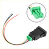 Backside of a black plastic hole expansion port power switch with green connector and multicolor wires for Toyota Alphard