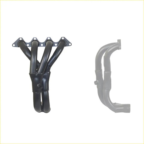 Black rubberized exhaust manifold with four tubes and mounting plate for hyundai excel 12v sohc gasket dsf749 back view