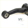 Black painted metal idler arm with spherical joint and threaded hole next to chrome tool for nissan datsun d21 2500cc