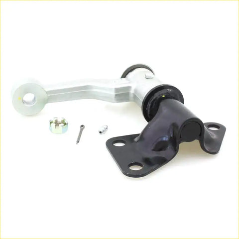 Black and silver metal idler arm with mounting bracket for nissan datsun king cab 2wd 1985-1999 shown from back side