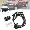 Black ignition coil pack with six-pin connector blade terminals spark plug wires and silver-tipped plugs for ford f150 e150 taurus