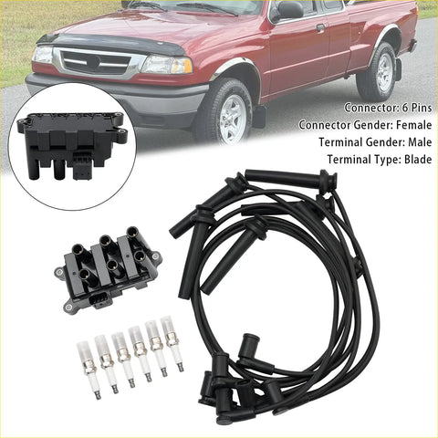 Black ignition coil pack with six-pin connector blade terminals spark plug wires and silver-tipped plugs for ford f150 e150 taurus