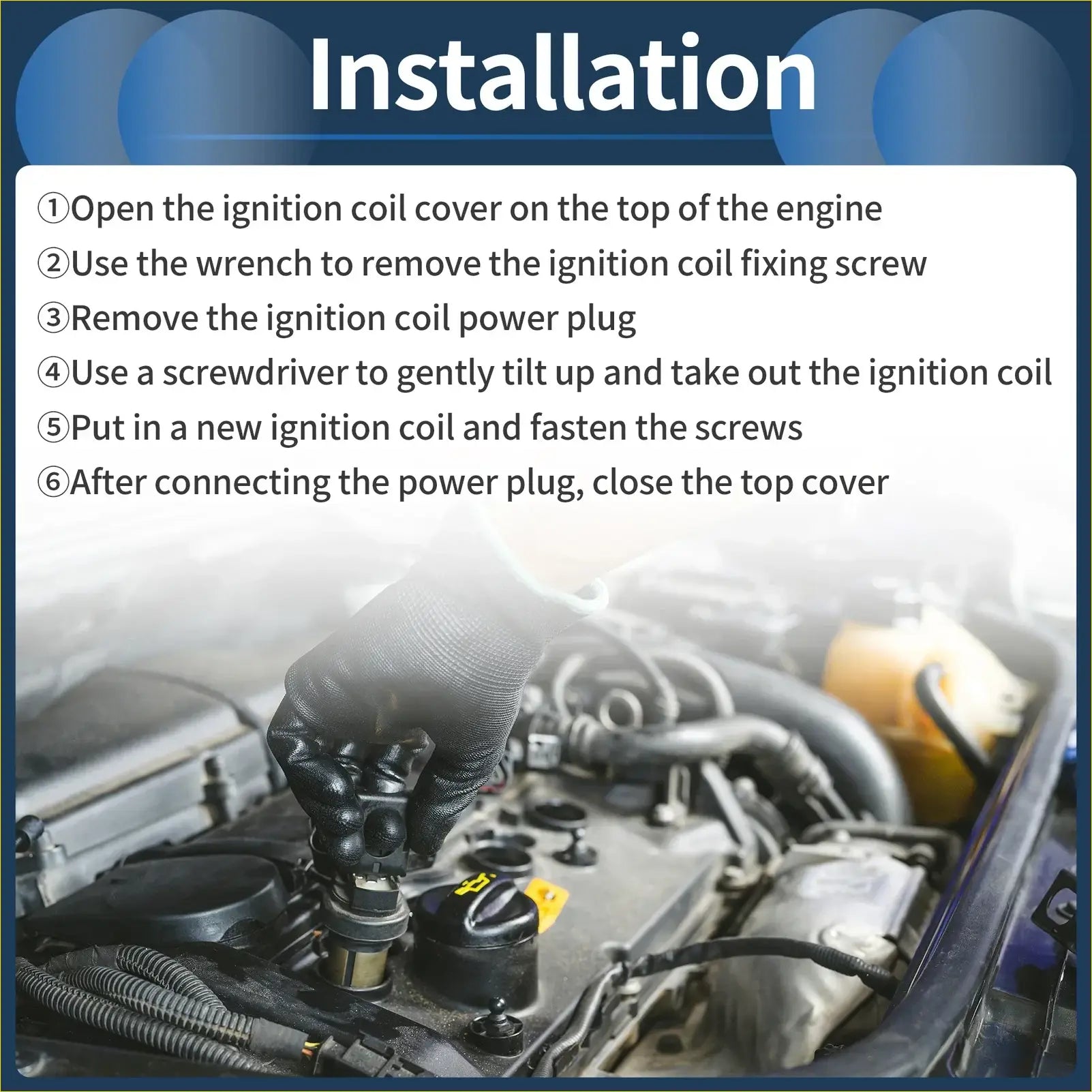 Black-gloved hand holding a new black ignition coil pack for toyota hilux 2004-2023 during engine install