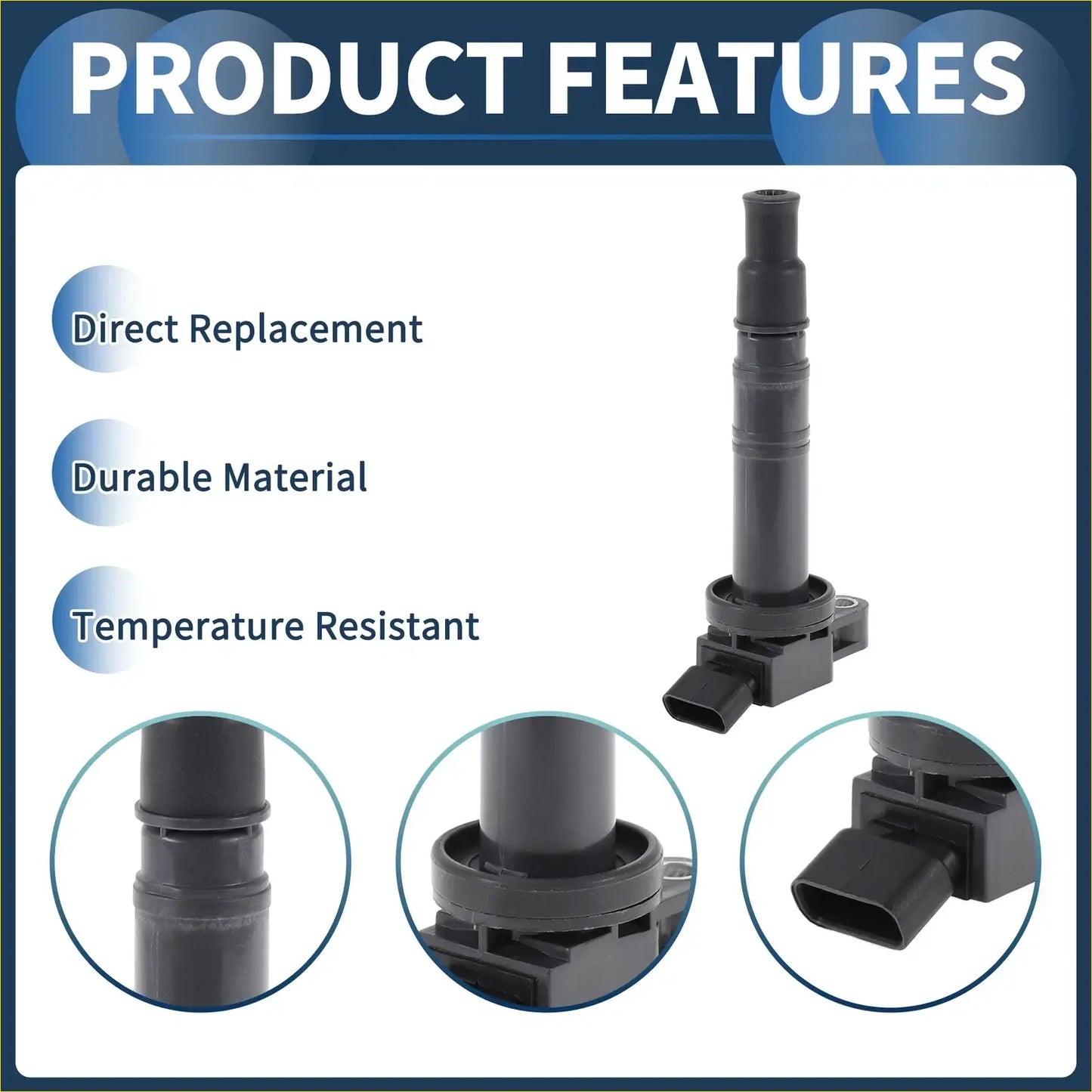 Black plastic ignition coil pack with cylindrical body and molded connector housing for toyota hilux 2004-2023