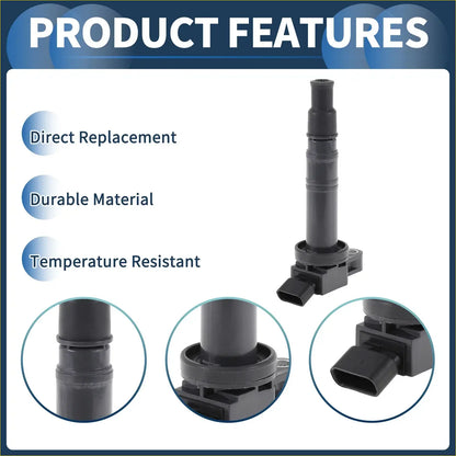 Black plastic ignition coil pack with cylindrical body and molded connector housing for toyota hilux 2004-2023