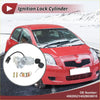 Silver ignition lock cylinder with black key and hardware for toyota echo 2000-2005 shown in circular inset on red car background
