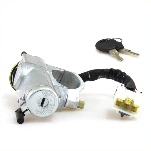 Silver ignition steering lock with keyhole and wiring harness for nissan sentra sunny lucino 1995-1999 shown from back