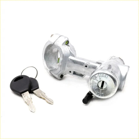 Silver ignition switch steering lock with on start engraving and two black plastic keyed keys for nissan bluebird u11 pu11