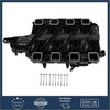 Black plastic intake manifold with eight rectangular ports and metal bolts for ram 1500 2500 3500 2011 to 2018