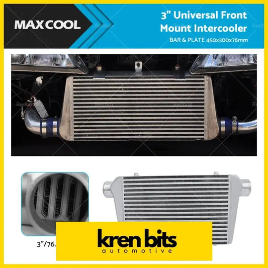 Silver 3 inch universal aluminum turbo intercooler with bar plate design polished fins and chrome end caps