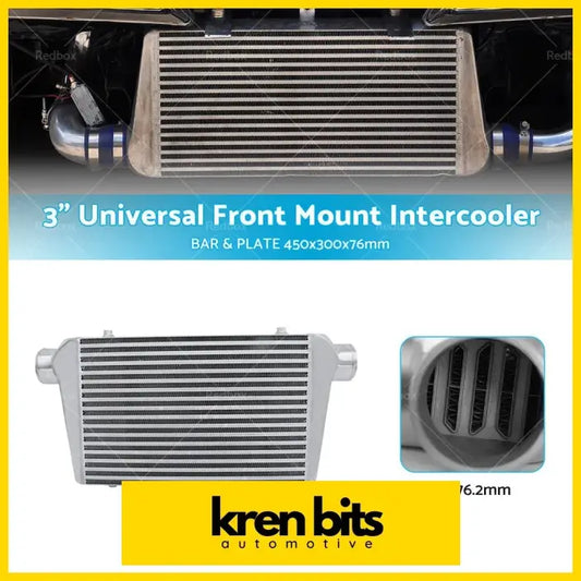 Silver-colored aluminum intercooler with 3-inch universal front mount bar and plate design 450x300x76mm
