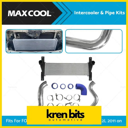Maxcool intercooler and pipe kit with silver aluminum core black brackets chrome pipes and blue silicone fittings for ford ranger px px2 mazda bt50 3.2l