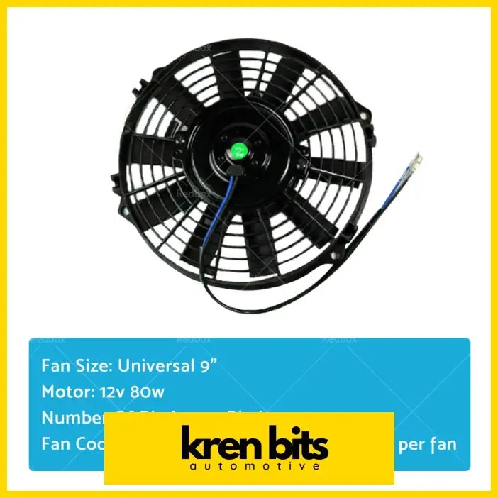 Black 9-inch universal automotive cooling fan with green led and blue wiring for nissan gu y61 3.0l crd intercooler