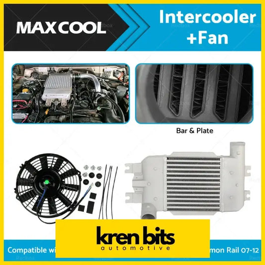 Max cool intercooler and fan kit with black plastic fan white metal heat exchanger and bar plate for nissan gu y61 3.0l crd