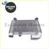 Silver aluminum intercooler with corrugated fins and curved pipe ends for toyota hiace kdh diesel 2005 2021 back view