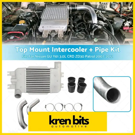 Silver aluminum intercooler kit with black fittings and curved stainless pipes for nissan gu y61 3.0l crd zd30 diesel patrol