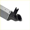 Silver and black automotive intercooler with finned core plastic bracket and threaded fittings for mitsubishi pajero sport and triton