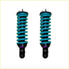 A pair of vibrant teal dobinsons monotube coil-over suspension shocks for isuzu dmax with black mounts and purple accents