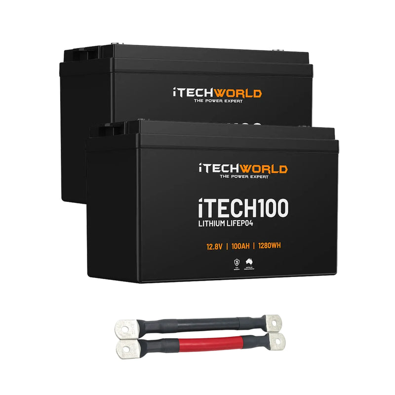 iTechWorld 200Ah Lithium LiFePO4 Battery Bundle 2×100Ah Deep Cycle with Linking Cables