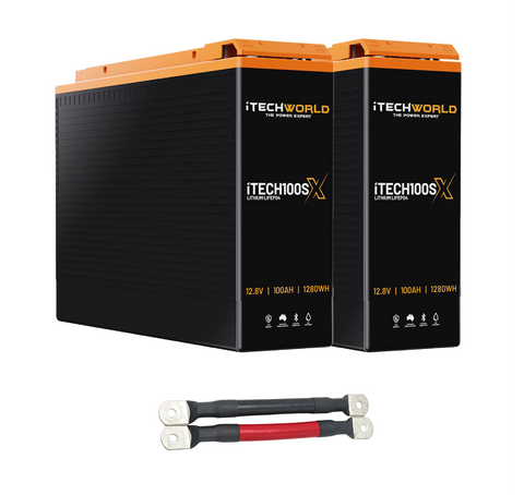 iTechWorld 200Ah Lithium LiFePO4 Slim Battery Bundle 2×100Ah Deep Cycle with Parallel Linking Cables
