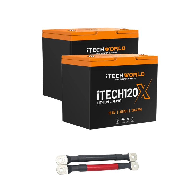iTechWorld 210Ah Lithium LiFePO4 Bluetooth Battery Bundle 2×105Ah Deep Cycle with Parallel Linking Cables