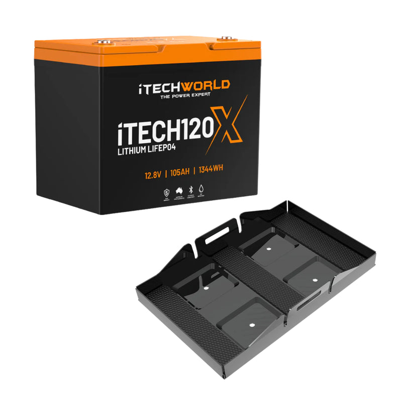 iTechWorld 105Ah Lithium LiFePO4 Bluetooth Battery Bundle with Battery Tray