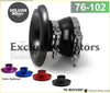 Black rubber exhaust manifold with chrome clamps and fittings model 76-102 by exclusive motors shown from the back side