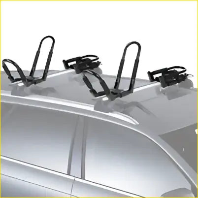 Silver metal kayak carrier J-bar roof rack with curved hooks and black plastic mounting brackets for boats