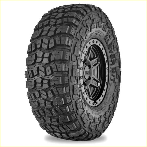 Black rubber kennda klever mt2 off-road tire with aggressive tread mounted on dark alloy wheel r16