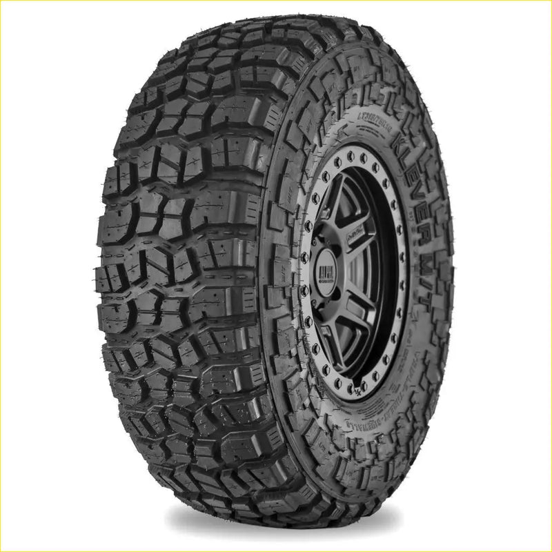 Black rubber off-road kenda klever mt2 tire with aggressive tread on dark alloy wheel 33x12.5 r20 size