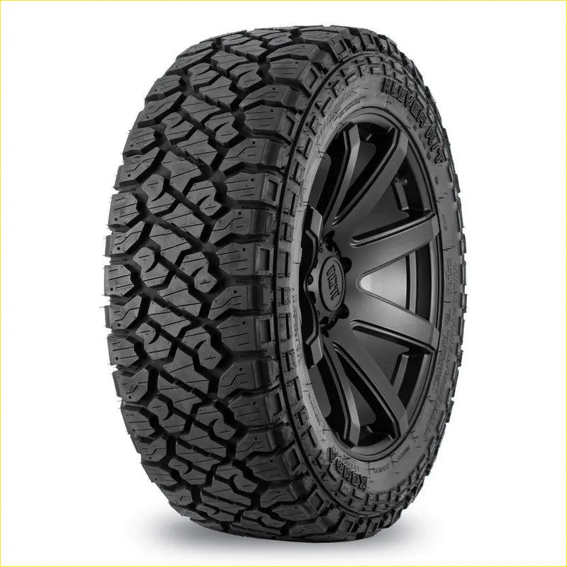 Black rubber kenda klever rt 275 55 r20 off-road tire with aggressive tread mounted on black alloy wheel