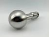 Shiny metallic spherical kob with cylindrical stem in polished stainless steel featuring precise machined details
