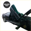 Black sedan with its driver-side door and hood open showing lambo door hinges kit vertical bolt on hinge kit installed