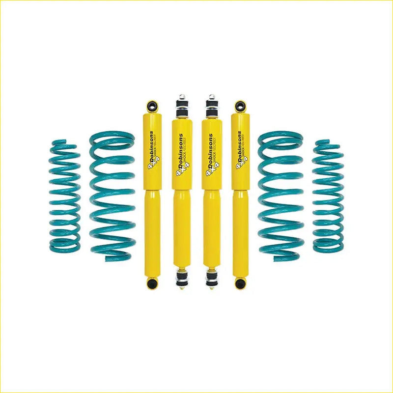 Set of four bright yellow dobinsons twin tube nitro gas shock absorbers with teal coil springs for land rover defender 1992 to 2001
