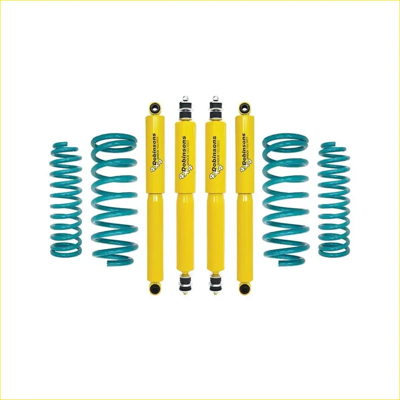 Set of four bright yellow dobinsons nitro gas lift shock absorbers with teal coil springs for landcruiser 80 series