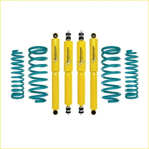 Set of four bright yellow galvanized shock absorbers with teal coils for landcruiser 80 series dobinson nitro gas lift
