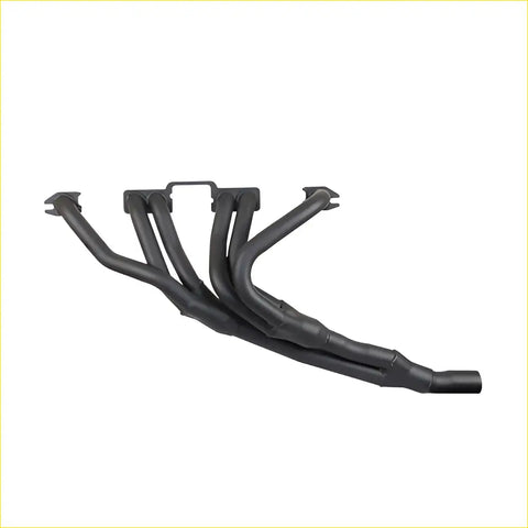 Black matte finished lc-lx torana red motor gasket exhaust manifold with four tubes and central mounting bracket