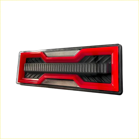 Led tub tray tail lights pair with red and black sleek angular design featuring illuminated led strips back side view
