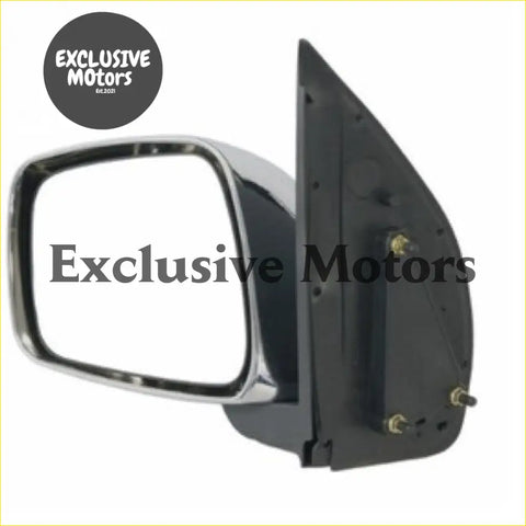 Left-hand chrome side mirror for nissan navara 2005-2009 with black plastic housing and mounting bracket shown from back side
