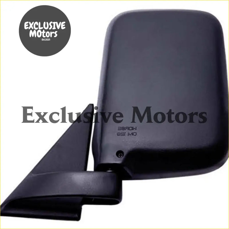 Left-hand mirror for nissan caravan with black plastic rectangular side-view mirror and sturdy mounting arm