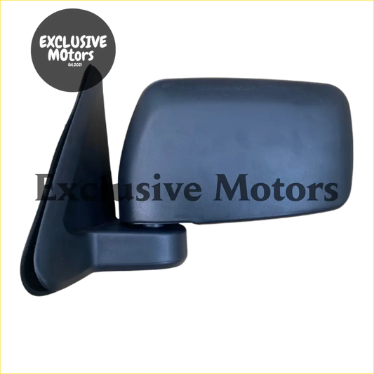 Black plastic left-hand side-view mirror with sleek rectangular housing and mounting bracket for Nissan Patrol Y61 1999-2009