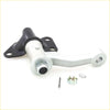 Left idler arm for nissan d21 2wd with silver metal steering linkage and black plastic housing and bracket