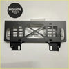 Black metal license plate frame with winch mouth for toyota fj cruiser 2007-2022 showing x cutout and mounting hardware