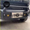 Black rugged front bumper with integrated led lights and silver license plate frame for toyota fj cruiser 2007-2022