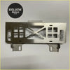 Silver metallic license plate frame with winch mouth and x shaped cutout for toyota fj cruiser 2007 to 2022