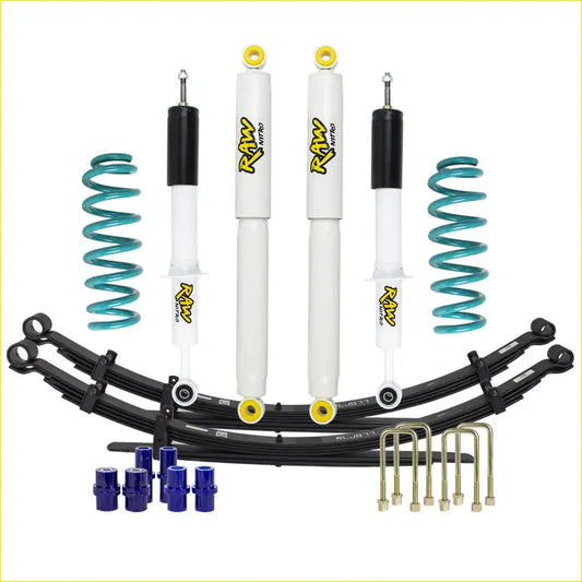 Set of four white and black raw nitro shock absorbers with yellow accents and teal springs for volkswagen amarok lift kit