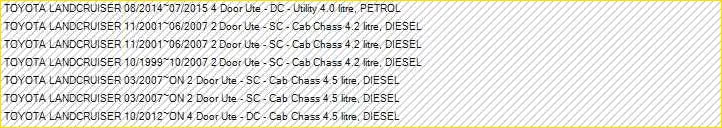 Yellow-bordered list showing toyota landcruiser 79 series models and specs for lift junkie 2 inch suspension lift kit