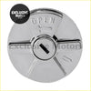 Chrome finished circular locking fuel cap with embossed open and arrows and central keyhole for toyota hilux 1980-2005